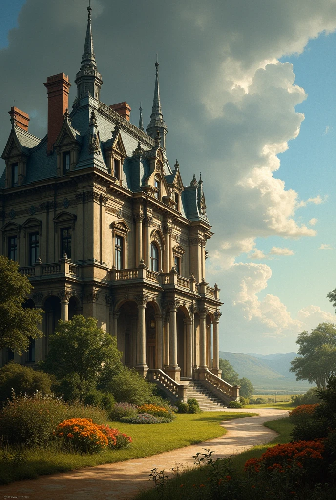 Baroque painting .
A combination of two worlds: on the left, an elegant mansion, gloomy, with luxury details, representing the past; To the right, A natural landscape,  An open field , a clear and clear sky.
