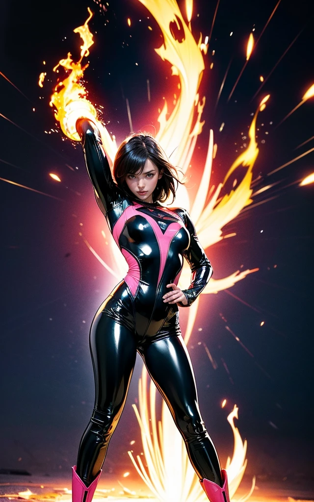 Marvel Fantastic Four,Latina Adult Model Daisy Marie as the Female version of Thunder Fire,Fly in the sky,angry look,The whole body is on fire,flame magic,The body was on fire🔥,The body glows and heats,The flames spread,The fire burst into the sky,Fire,Burn characters,The fire magic effect is fired on the hand,Mixed Chinese and American races,The background is blurred out,focal,Movie Lighting,(((tmasterpiece))), ((best qualtiy)), ((Complex and detailed)), ((Ultra-realistic realism)), Ridiculous resolution, A MILF, Mature woman, ssee-through, highly detailed, illustratio, 1girll, (34dd-cup breasts), Thin waist and thick hips,long leges,beatiful detailed eyes, short detailed hair, flaming hair, a purple eye, (Superhero uniforms:1.2), seminude,tightsuit,Sexy and feminine,perfect bodies,Sexy attire,Human flashlight,(No underwear),pantiess, detailed back ground, perfect eyes, Seductive eye, (nice hand),Detail hands,looking at viewert,From the front,Wear light,(Fantastic Four),