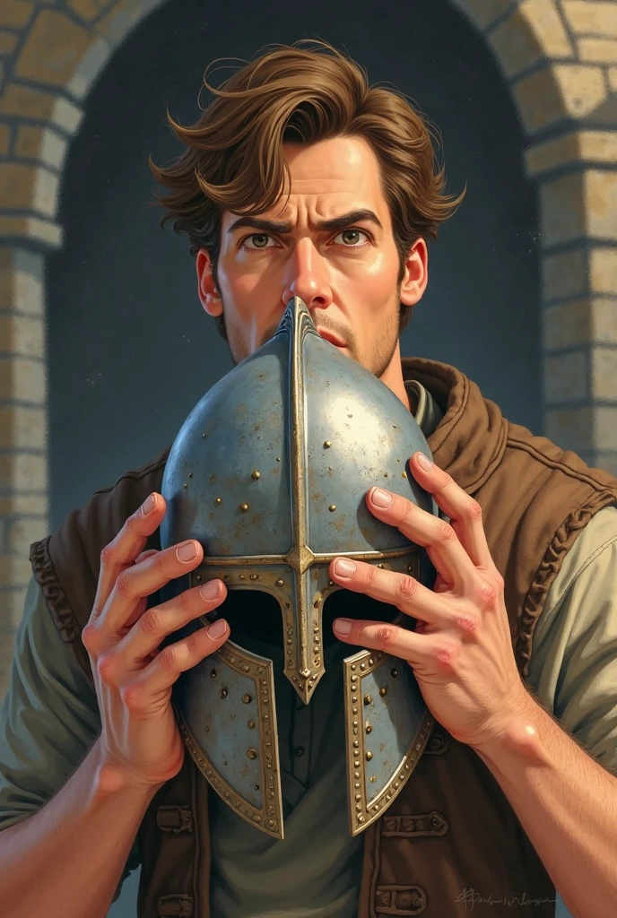 Make me an image of a guy clutching a medieval helmet with short wavy brown hair and that the image is from his perspective, that is, only his hands can be seen in animated style like glibi
