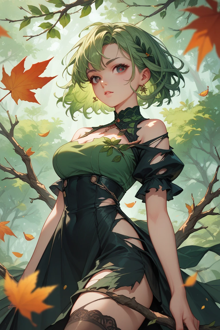 masterpiece, best quality, fubuki dress,green dress,autumn leaves,