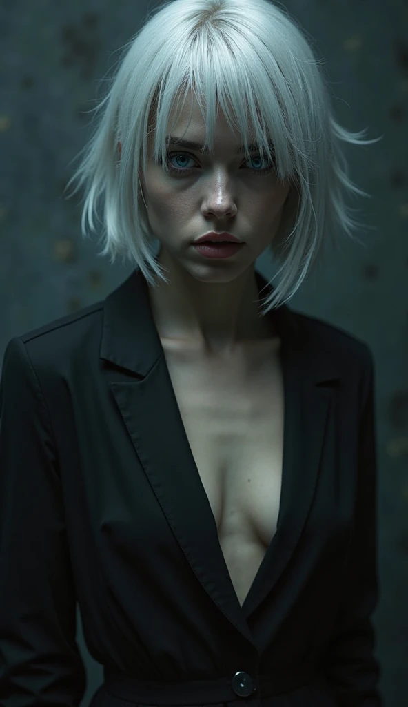 full body +18, short silver hair, amazing minimal veil, smooth and clear with deep neckline down to the hip - 8k, RAW photo, very high quality, hyper-realistic, a mysterious lady with piercing icy blue eyes, enveloped in dark, haunting aura, chiaroscuro lighting, dark white with strong spots, depth of field, highly detailed +18