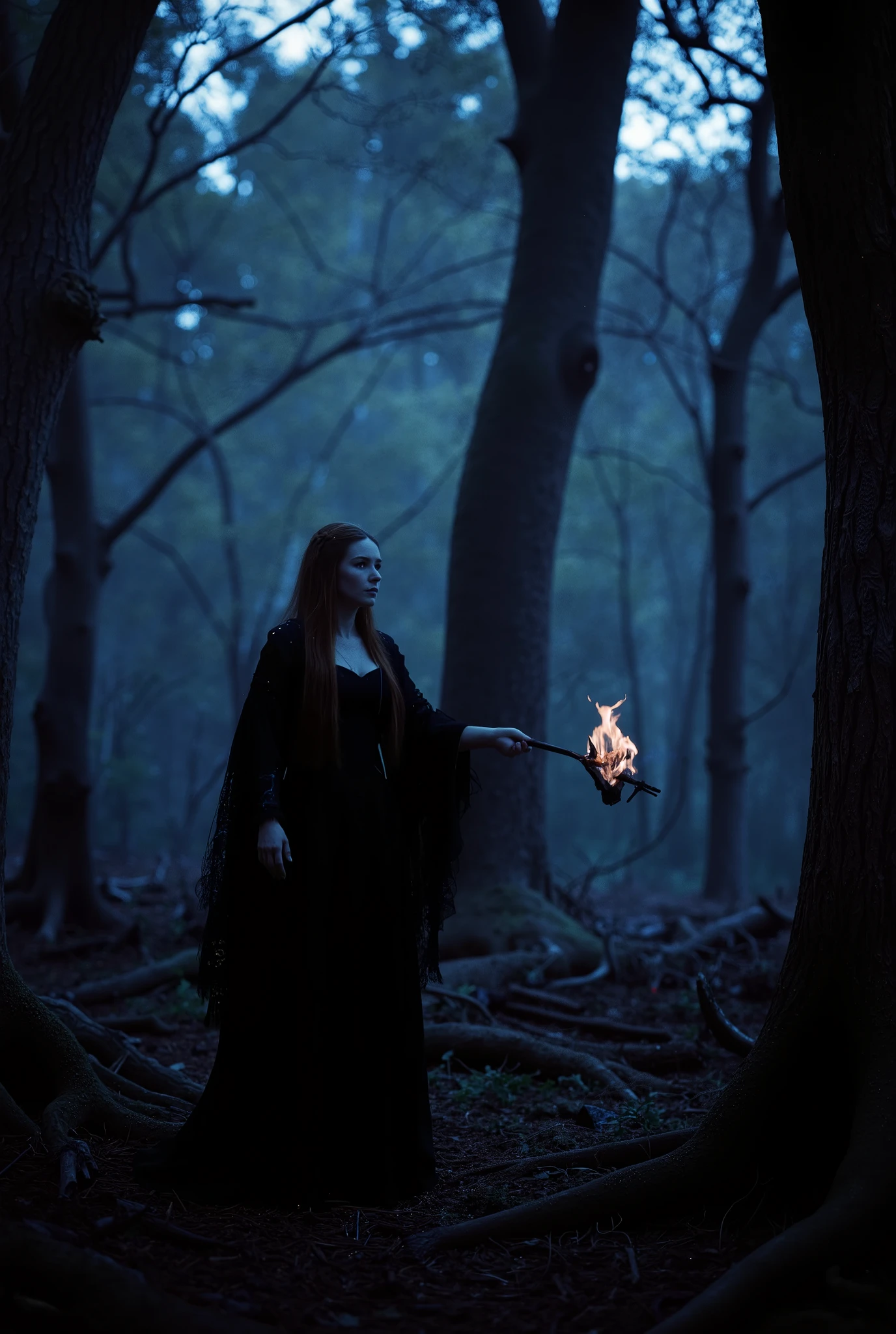Ultra-realistic cinematic portrait, 8K, Unreal Engine 5 photorealism — A pale-skinned woman with heterochromatic eyes (amber and steel-blue) stands in a shadow-drenched, primordial forest at twilight, performing a cryptic ritual. She holds a torch whose flame warps unnaturally toward an ancient oak totem carved with glowing Norse runes. Wearing a corseted Victorian mourning dress (matte black taffeta, moth-wing lace cuffs) layered under a sheer charcoal chiffon tunic printed with faint constellations, her Rapunzel-length braid, woven with black velvet ribbons, cascades over one shoulder. The scene is lit solely by fire: the torch casts dramatic chiaroscuro across her face and the totem, while a hidden campfire bathes gnarled, scarred trees in deep Prussian blue shadows and flickers of crimson. Ground-level mist swirls with blue-tinged smoke, floating embers, and crushed leaves underfoot. Shot on an 85mm f/1.2 lens with 2.35:1 aspect ratio, featuring hyper-detailed textures (lace threads, dewy sweat, mossy bark), ray-traced reflections in her eyes, shallow depth-of-field, Ektachrome film grain, and subtle chromatic aberration. A haunting fusion of Dark Souls × Annie Leibovitz × Pan’s Labyrinth, capturing a frozen moment between ritual and revelation.