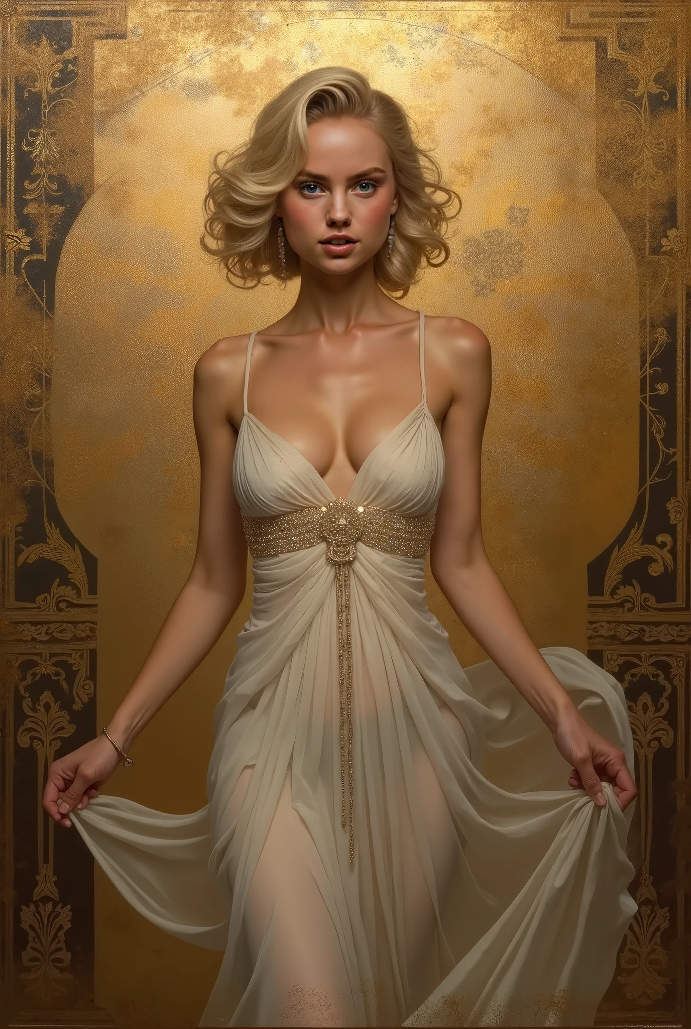 Stunningly beautiful goddess (mix of Vanessa Ferlito | Marilyn Monroe), (character splash art:1.2), model pose, 
Golden Renaissance Radiance, Painting inspired by the style mix of [Leonardo da Vinci | Michelangelo | Titian] in the style of (intricate chiaroscuro, ethereal auras, harmonious composition, detailed drapery, delicate sfumato, captivating portraits, serene landscapes, historical narratives, religious undertones, anatomical precision, delicate hand gestures, soft color transitions, timeless beauty, humanistic expressions, masterful brushwork, classical themes, lifelike textures, evocative atmospheres, layered oil techniques, dramatic light sources, emotion-evoking poses, gold leaf accents, intricate backgrounds, deep shadow play, symbolic elements).
by Satori Cantonð§¸