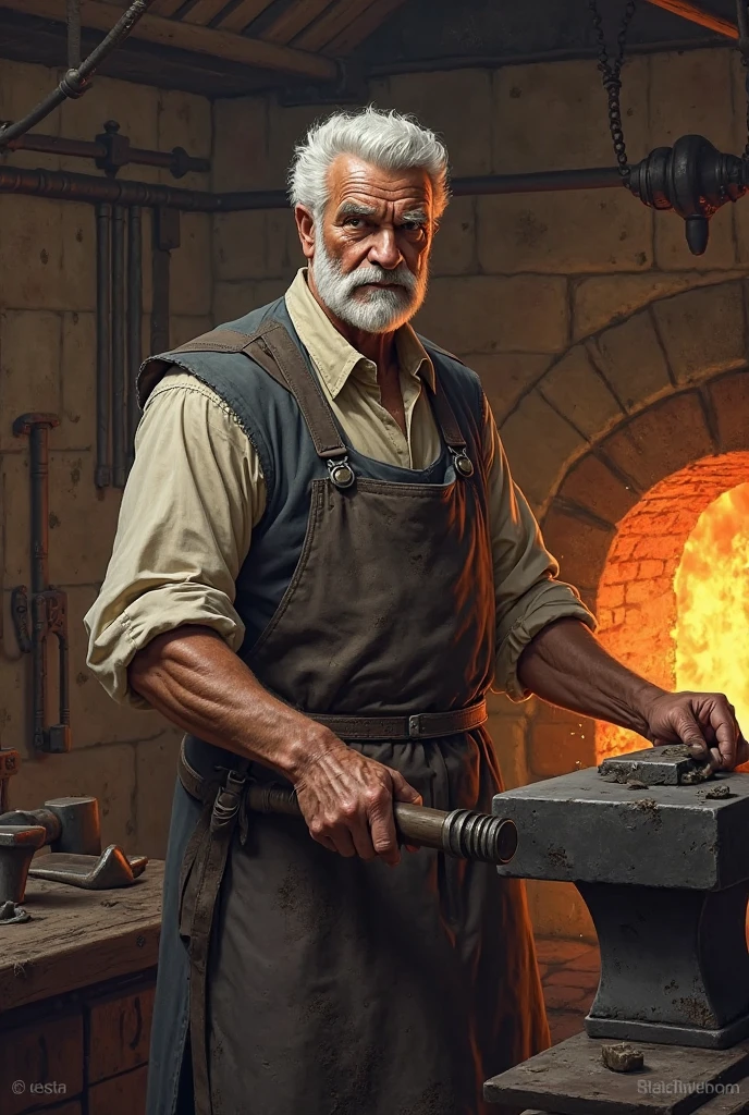 Can you make a age blacksmith with white hair and dark eyes 