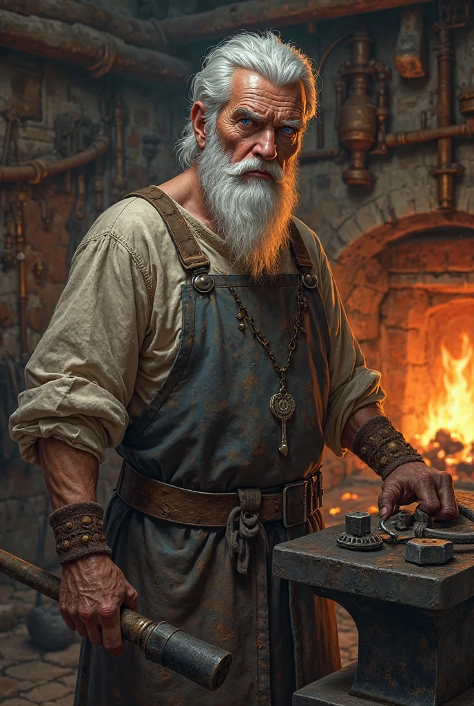 Can you make a age blacksmith with white hair and dark eyes 