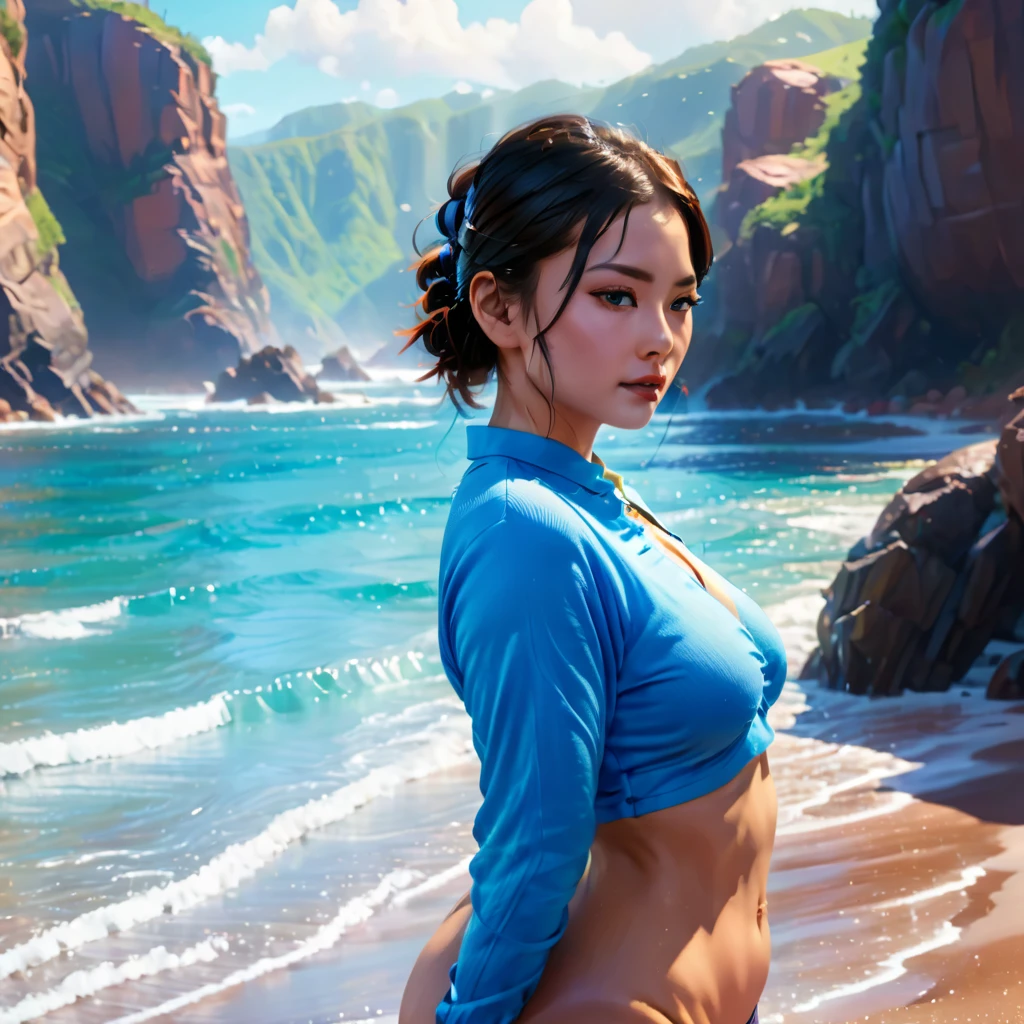 Korra smiling at viewer in open background such as mountainside view or forest background, lake background, beach background. Wearing sexy bikini.
