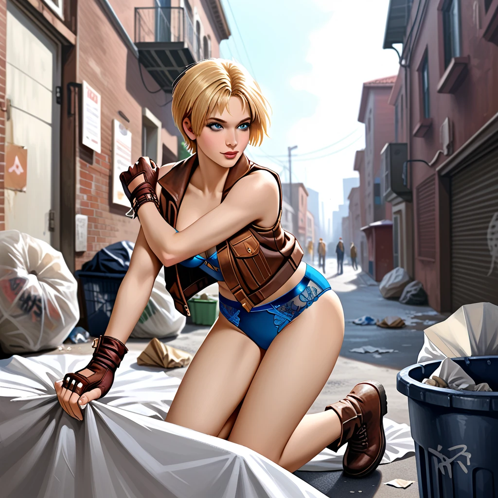 score_9, LuciaFF3Outfit, 1girl, short hair, blue lingerie, brown vest, brown fingerless gloves, sexy pose, alley of a modern city, place full of trash, several trash bags, several sheets of paper flying, decaying place, day, high quality, detailed
