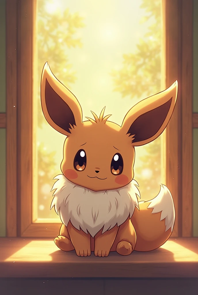 an adorable young kemono eevee, tiny little fluffy boy with a red ribbon on his head, he is reaching towards the viewer with little pink pawpads and an adorable expression that makes you say 'daww', with big blue eyes and dilated pupils he melts your heart. he is sitting atop a kitchen counter in a colourful, vibrant home with warm colours and quaint decorative charm. he goes :o in a curious manner