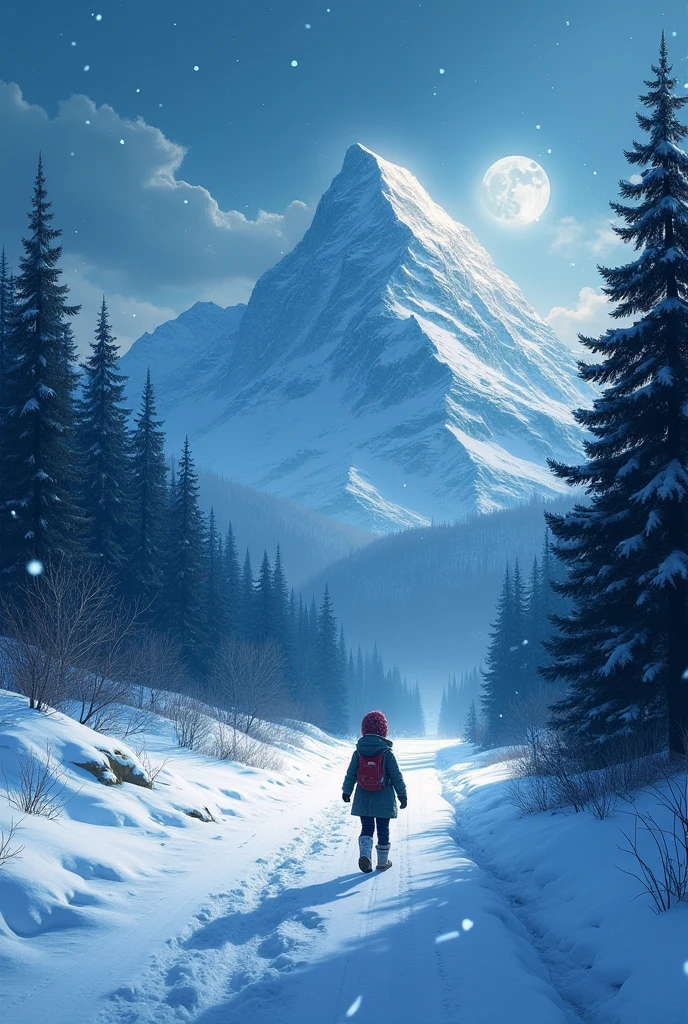 SNOW FALLS AT NIGHT AND A GIRL GOES DOWN A ROAD TO A MOUNTAIN FULL OF TREES