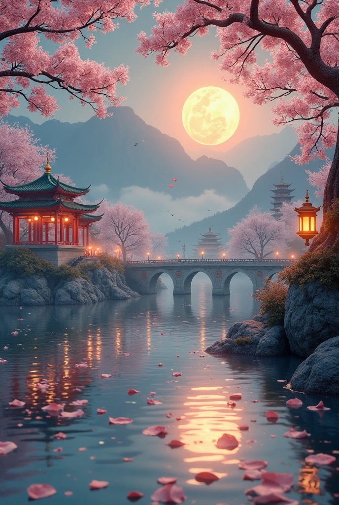 A serene riverside under a golden full moon, in 3D with 8K resolution. Lanterns cast warm reflections on water, cherry blossom petals drift, textured realistically. Willow trees with thin leaves line the banks, mirroring in water. A stone arch bridge leads to a misty temple, all photorealistic. Starry sky with a glowing moon.

Scene is still, with water ripples and falling petals in motion blur.

Foreground: Pagoda with vermilion pillars, jade-green roofs on a hill, cherry blossoms with dewdrops in macro detail. Willows frame with 3D textures.

Midground: Mountains through clouds, bases in mist. Temples on cliffs with staircases, in 3D. Cranes soar between peaks.

Background: Blue-gray mountains fade, softened by haze, in 8K depth. Sunrays create god rays on petals and mist, with ray-tracing.