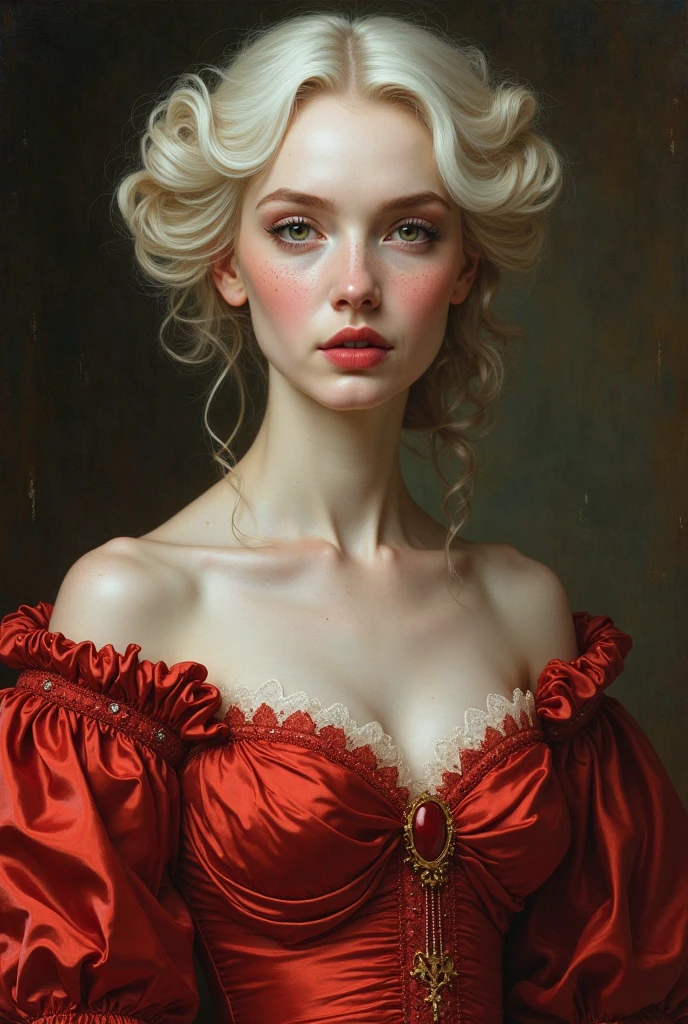 Baroque painting .
a white-haired woman with dark green eyes and creamy white skin and pink lips like a strawberry and with freckles, wearing a red silk dress highlighting her figure as a royal lady, had a