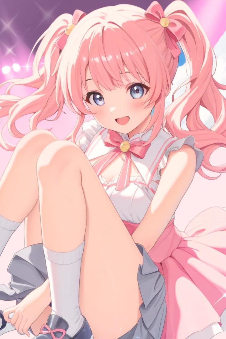 Two cute anime-style girls。Hairstyle、the first one has a pastel pink color and half twin tails(I'm putting it down on the long one&they have a small amount of hair above their ears)、and the other one has twin tails in pastel purple color。
both have light blue eyes。
衣装はidol風ミニスカートのワンピースで、It is based on pastel pink。
Skirts and tops、socks、they wear lots of ribbons on shoes and the like、hair ornaments and large ribbons。
both of them are singing happily、energetic and bright atmosphere。
anime style、pastel colors、fantastic、cute、idol、Girly、Sparkling