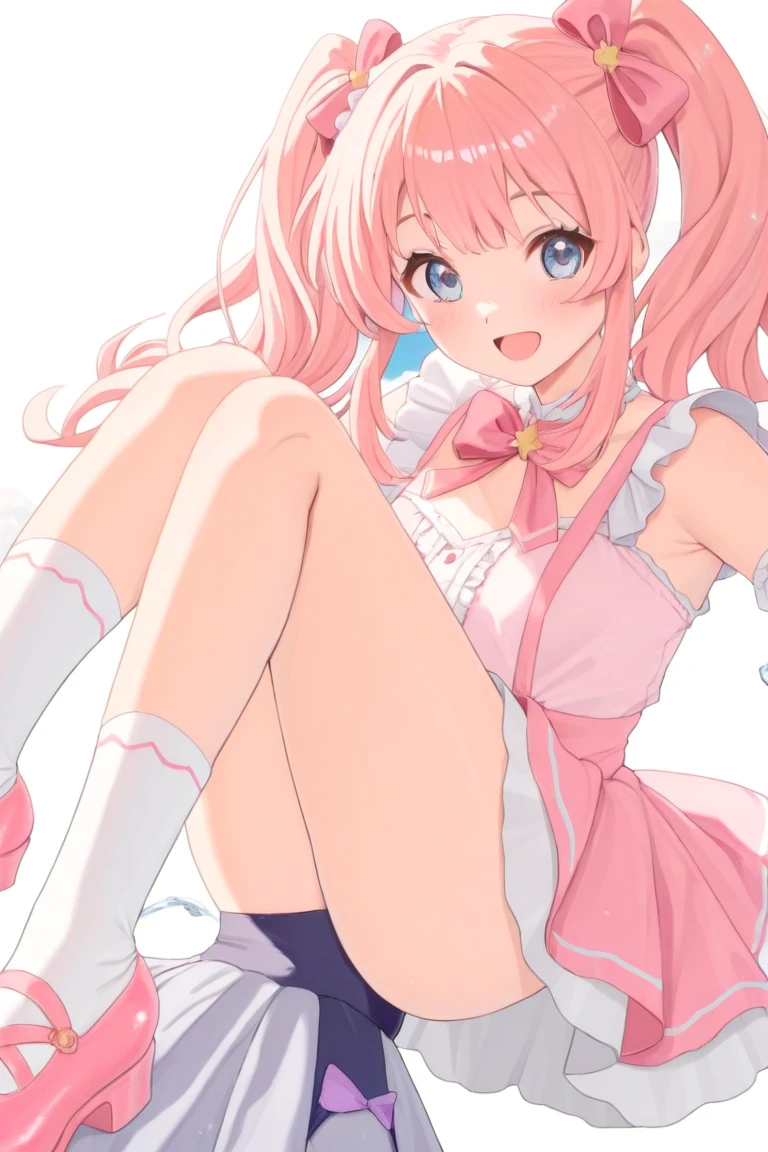 Clear painting style、beautiful girl、16 years old、Girly Hair、Pink Room、Girly Fashion、Pleated skirt、Knee socks、Highest quality, smile,Sit with your legs apart、girly panties、Girly Bra、Sweaty crotch、Low Angle、Cowboy Shot、Put your hands on your bra、Put a condom in your mouth