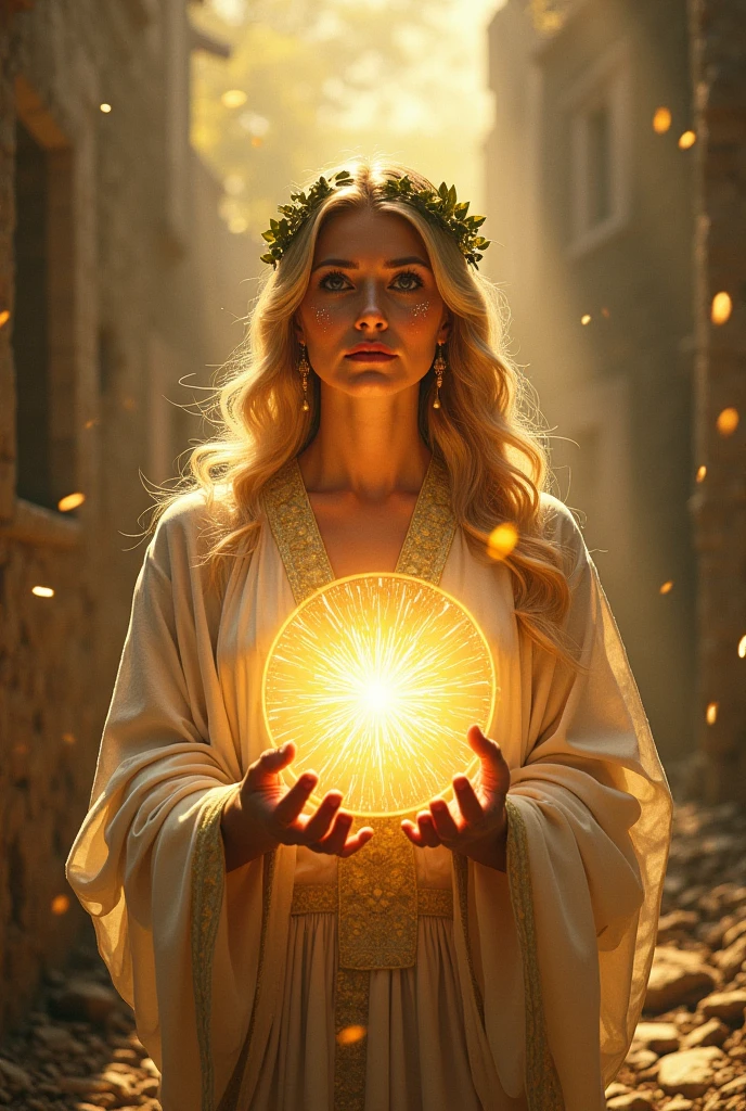 A radiant woman with golden tears on her cheeks and hopeful eyes, wearing a flowing white-and-gold robe and a laurel crown. She segura uma esfera que brilha como uma estrela prestes a explodir. Atrás dela, ruínas de um mundo destruído por guerra, mas com flores renascendo entre os escombros. Her tarot cards glow faintly and depict scenes of salvation and rebirth. Emotional post-apocalyptic setting, divine light, high-impact symbolism.
