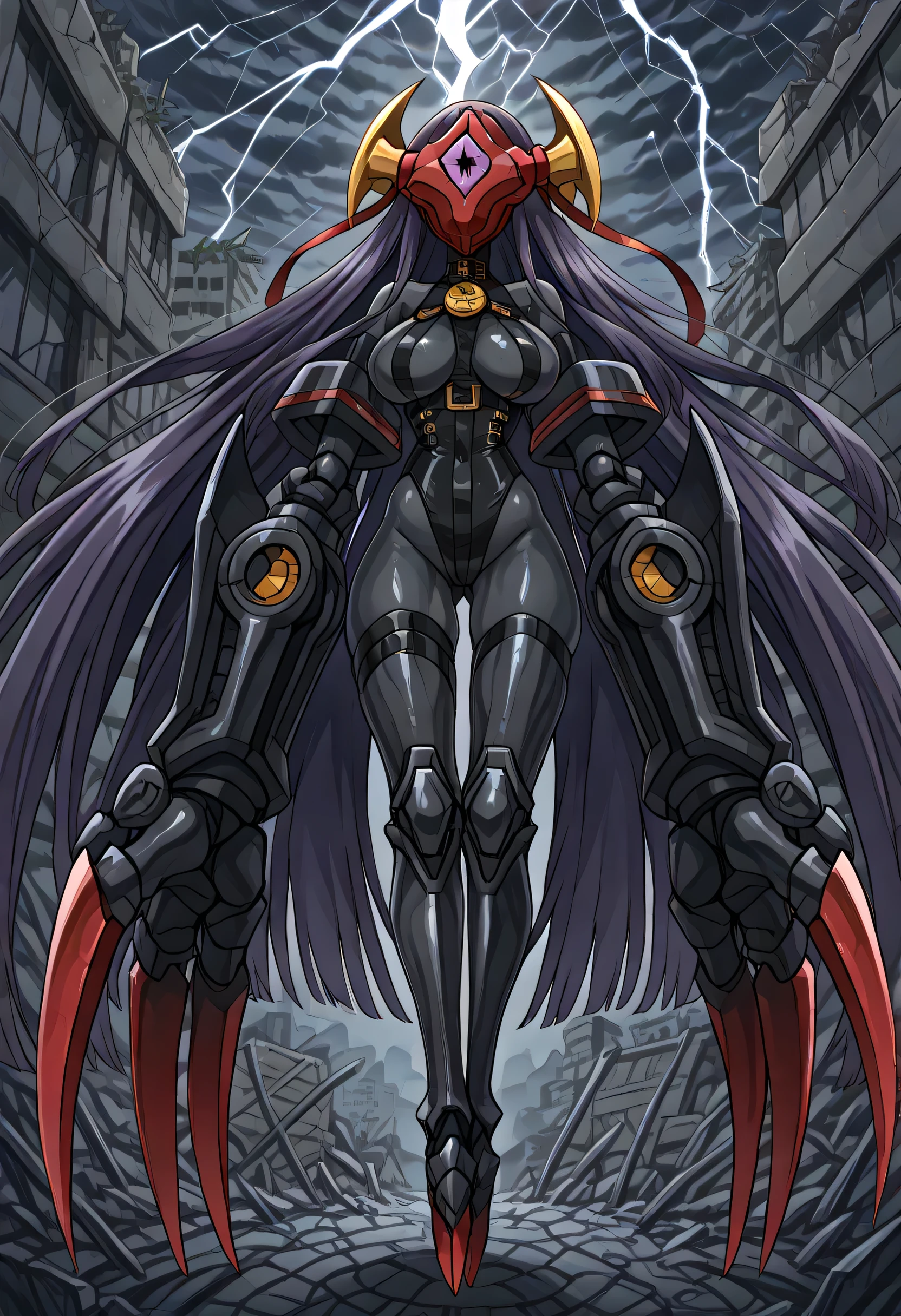 masterpiece, top quality, great quality, so beautiful, , newest, , 、、頭にParasites、hides the head、brainwashing、（（（amazing big ）））、、 、assimilation、、 、ne-α、Rahum 、、Parasites、 headless、Cover your head、、brainwashing、、、、ruins、Heavy Rain、、 Darkness、 Dark Clouds 、Lightning strikes、Broken Building、Claws、Prosthetic limbs、passion lip、Mel Trilis、machine black skin