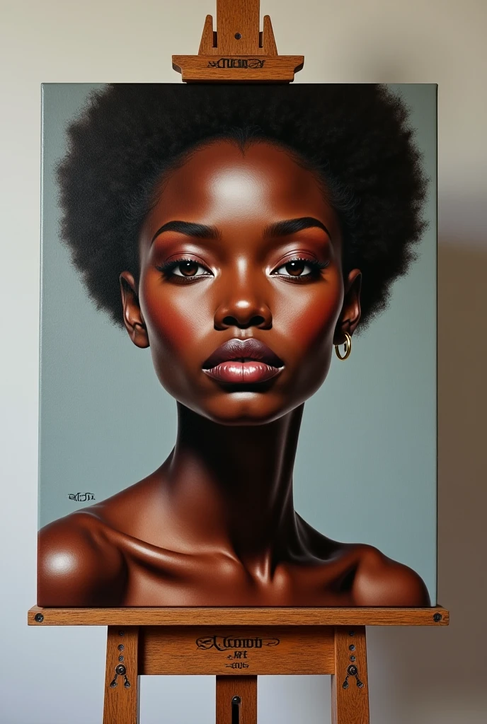 Create a hyper realistic painting with the face of an African woman. This painting must be on an easel. Millennium Art must be written on the corner of the easel