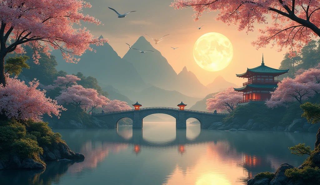 A serene riverside under a golden full moon, in 3D with 8K resolution. Lanterns cast warm reflections on water, cherry blossom petals drift, textured realistically. Willow trees with thin leaves line the banks, mirroring in water. A stone arch bridge leads to a misty temple, all photorealistic. Starry sky with a glowing moon.

Scene is still, with water ripples and falling petals in motion blur.

Foreground: Pagoda with vermilion pillars, jade-green roofs on a hill, cherry blossoms with dewdrops in macro detail. Willows frame with 3D textures.

Midground: Mountains through clouds, bases in mist. Temples on cliffs with staircases, in 3D. Cranes soar between peaks.

Background: Blue-gray mountains fade, softened by haze, in 8K depth. Sunrays create god rays on petals and mist, with ray-tracing.