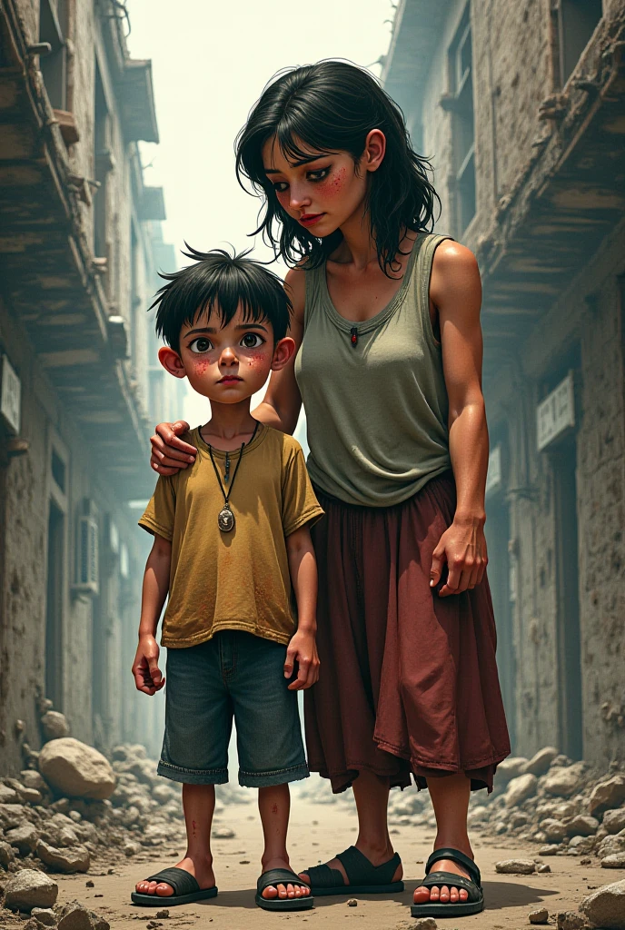 Beaten and dirty boy and his mother behind angry, cartoon