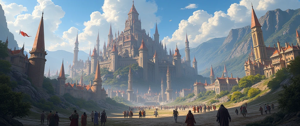 Great fantasy kingdom with a huge town surrounding it and bunch of really tall tower spread across the land