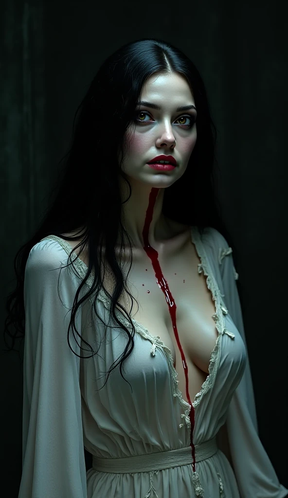 Very pale skinned woman with black and red veins all over her body in a terrifying way, ghostly aspect. sapphire blue eyes and jet black hair. downcast expression 