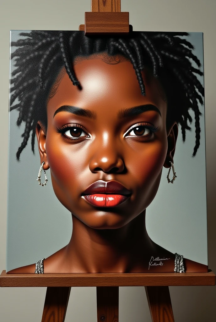 Create a hyper realistic painting with the face of an African woman. This painting must be on an easel. With a signature in the corner of the written board " Millennium Art "