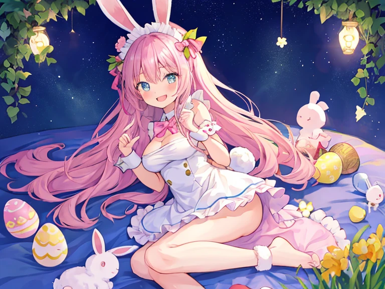 beautiful picture, best quality, a cute girl, Outdoor public hot spring, pastel colors, fluffy rabbit ears, ,Yellow long hair, bright star, blue eyes, cleavage, cute expression, Exposed shoulders, See-through pink lingerie, wet, navel, embarrassing, White skin, Vigorous, standing, upper body bent, Soaking feet in water, wind, Put your hands on your knees,, whole body, night, meteor, unfettered, Suggestive poses, Butt back, Upper body forward, wet 피부, Right hand on the chin, Left hand on knee, Smooth thighs