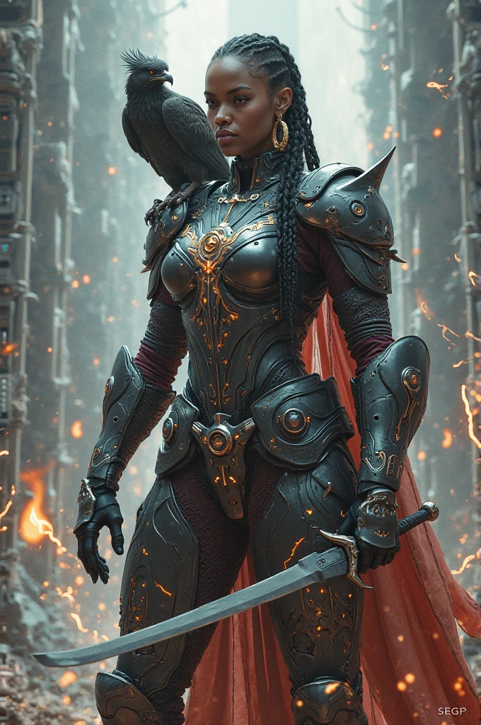 Technological knight, claymore on back, black woman, thick body, one long braid, energy power, bird on chest