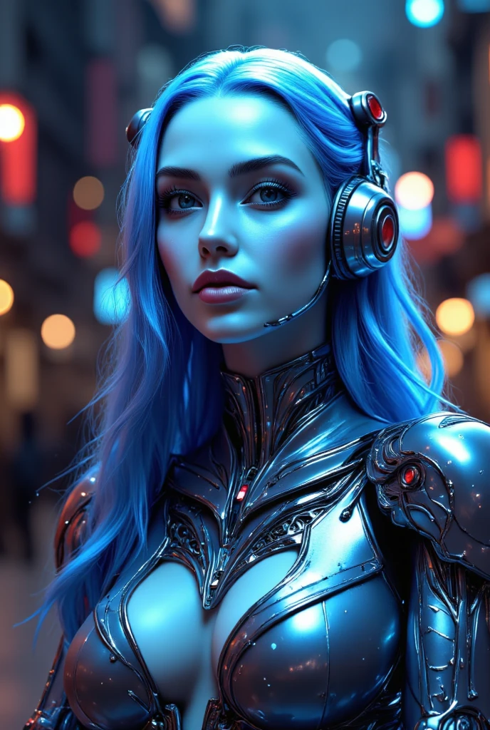 Female Optimus Prime, highly detailed full body shot, cyberpunk, sci-fi, dramatic lighting, epic, 8k, hyper realistic, photorealistic, masterpiece, extremely detailed face and eyes, beautiful intricate metallic details, dramatic pose, moody atmosphere, neon city background, dynamic composition