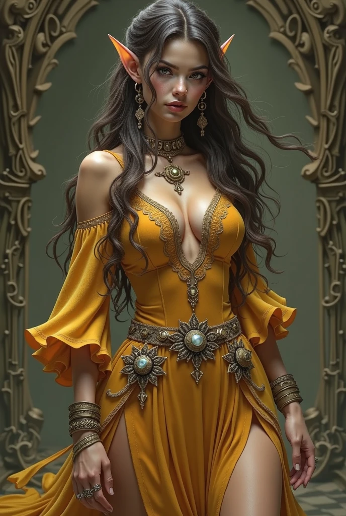 Eastern Elf,  body, clear eyes, Arcane gold dress, amuleto, brincos, botas