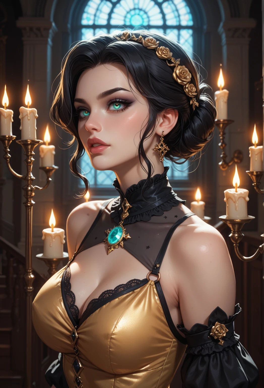 Close-up gothic fantasy scene. The Beast gently brushes his fingers along the woman's bare shoulder. His glowing turquoise eyes soften, but his restrained desire is evident. The woman, with chestnut brown eyes and delicate features, gazes up at him with parted lips. Her golden nightdress glows in the candlelight. Shadows sculpt their expressions, highlighting the vulnerability and tension. Their faces are inches apart in a moment suspended in time. Gothic decor frames the scene: black stone arches, candles, and shimmering golden dust in the air