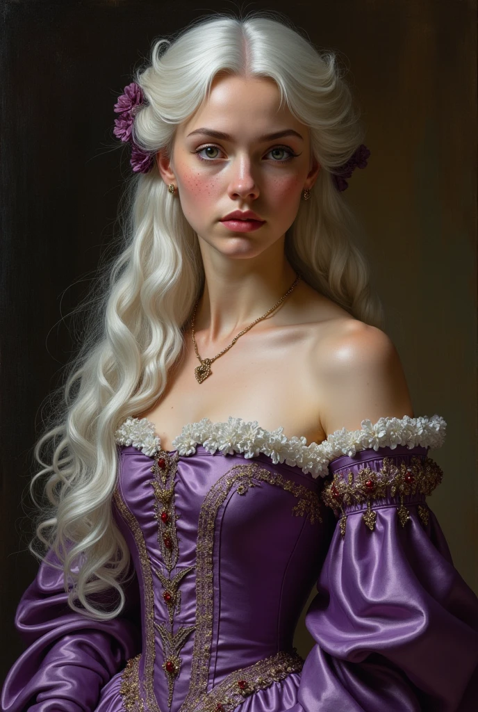 Baroque painting .
a young woman with white hair with dark green eyes and creamy white skin and pink lips like a strawberry and with freckles, wearing a purple silk dress highlighting her figure as a royal lady.