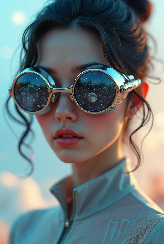 The model is wearing glass sunglasses with stars and the moon on the glass