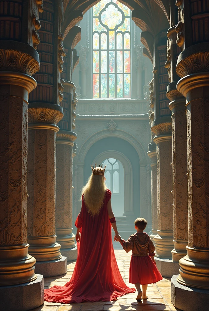 The same queen with the same young apprentice in an enchanted library 