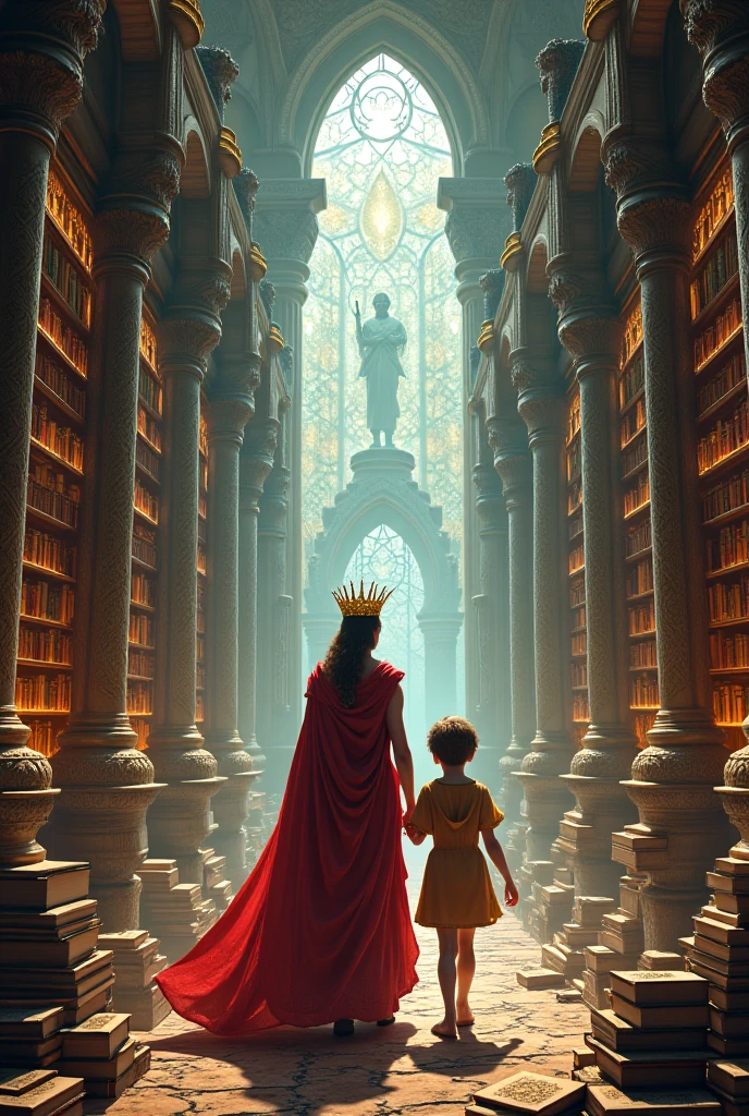 The same queen with the same young apprentice in an enchanted library 
