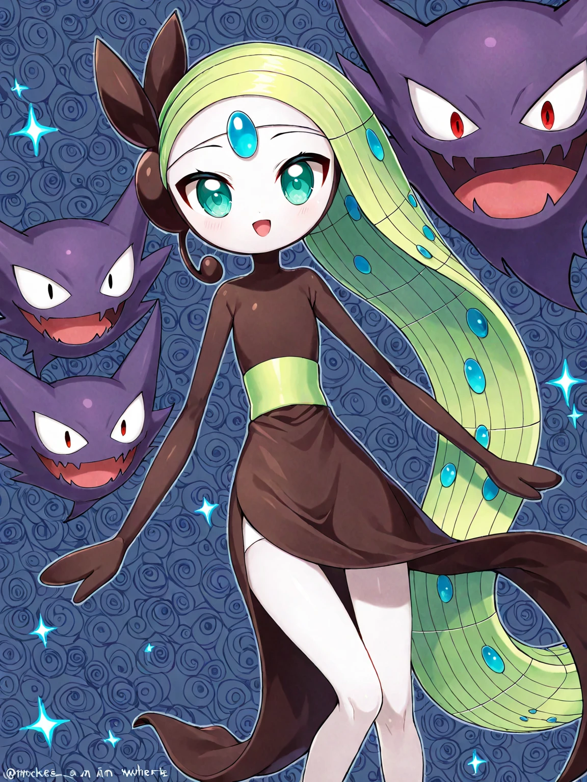 1girl, meloetta, pokemon \(creature\), mobface, blue eyes, chibi, :D, full body, black dress, green waist, concert stage, singing, dancing