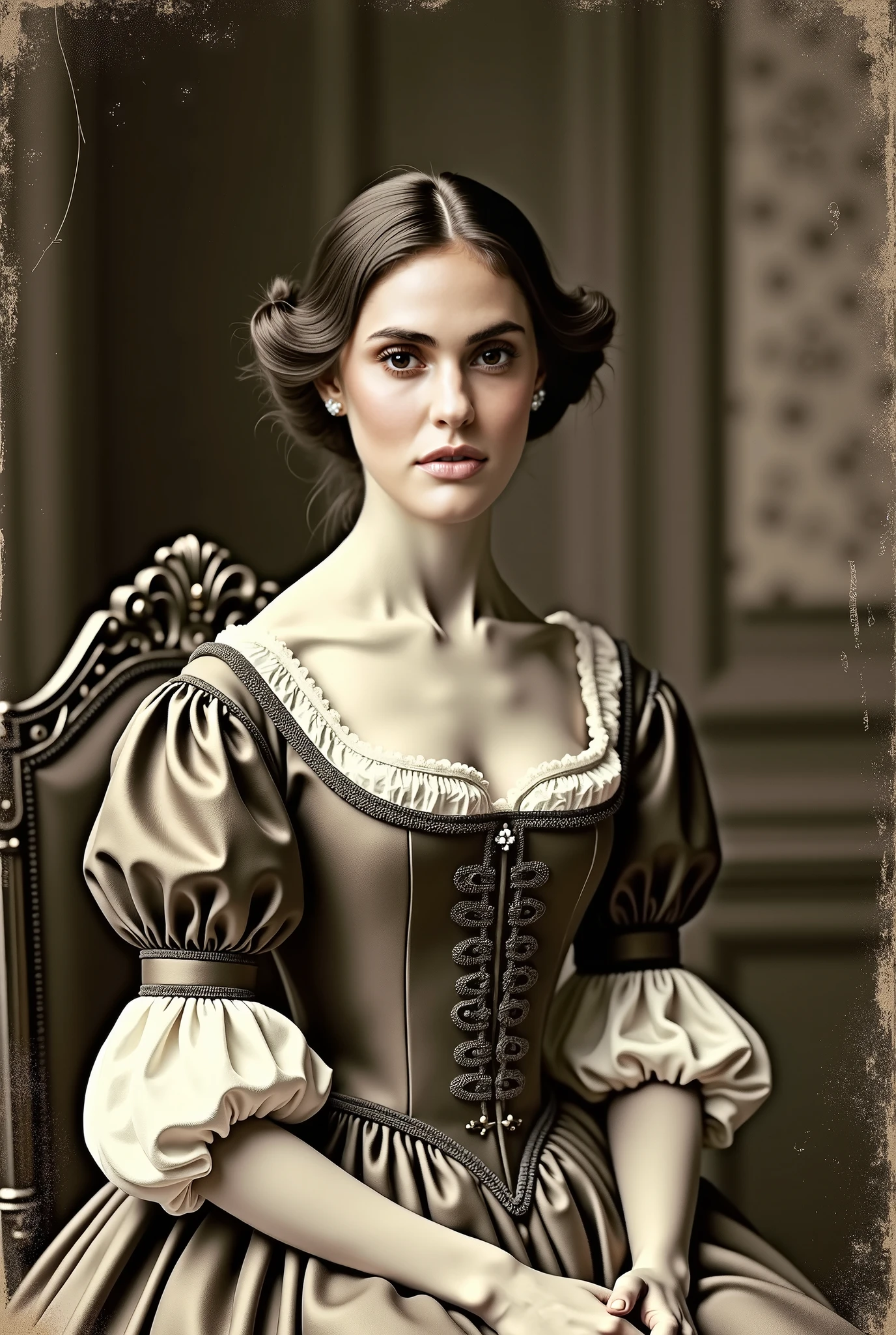 (Pure Color: 0.9), (Color: 1.1), (Masterpiece: 1,2), Top Quality, Masterpiece, High Resolution, Original, Highly Detailed Wallpaper, Beauty, Victorian, Dress, Melancholy, Big Breasts, Sepia Color, 40 years old