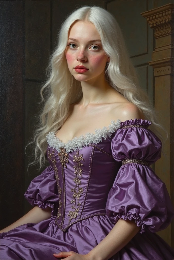 Baroque painting .
a young woman with white hair with dark green eyes and creamy white skin and pink lips like a strawberry and with freckles, wearing a purple silk dress highlighting her figure as a royal lady.
