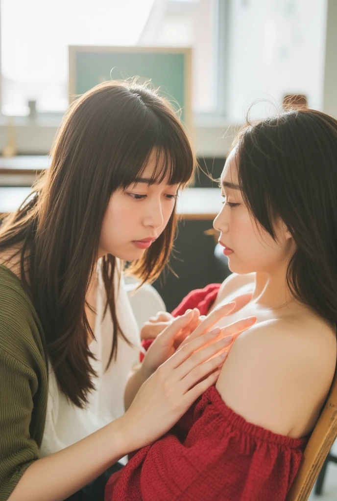 Ultra-realistic、high resolution、High resolution 8K photo-realistic images。A scene showing two Japanese sisters with completely different looks together。My sister has big breasts, a beautiful face, and long black hair.、Gentle eyes、With an elegant atmosphere。My sister is short and has short brown hair.、Lively expression、She has a baby face and big breasts and wears sexy casual clothes.。The background is a sunny rose、Glass vase In the bedroom、Warm natural light pours in。The details of both faces are clearly visible.、So that each individual's personality stands out。Create a photo book-like page layout。