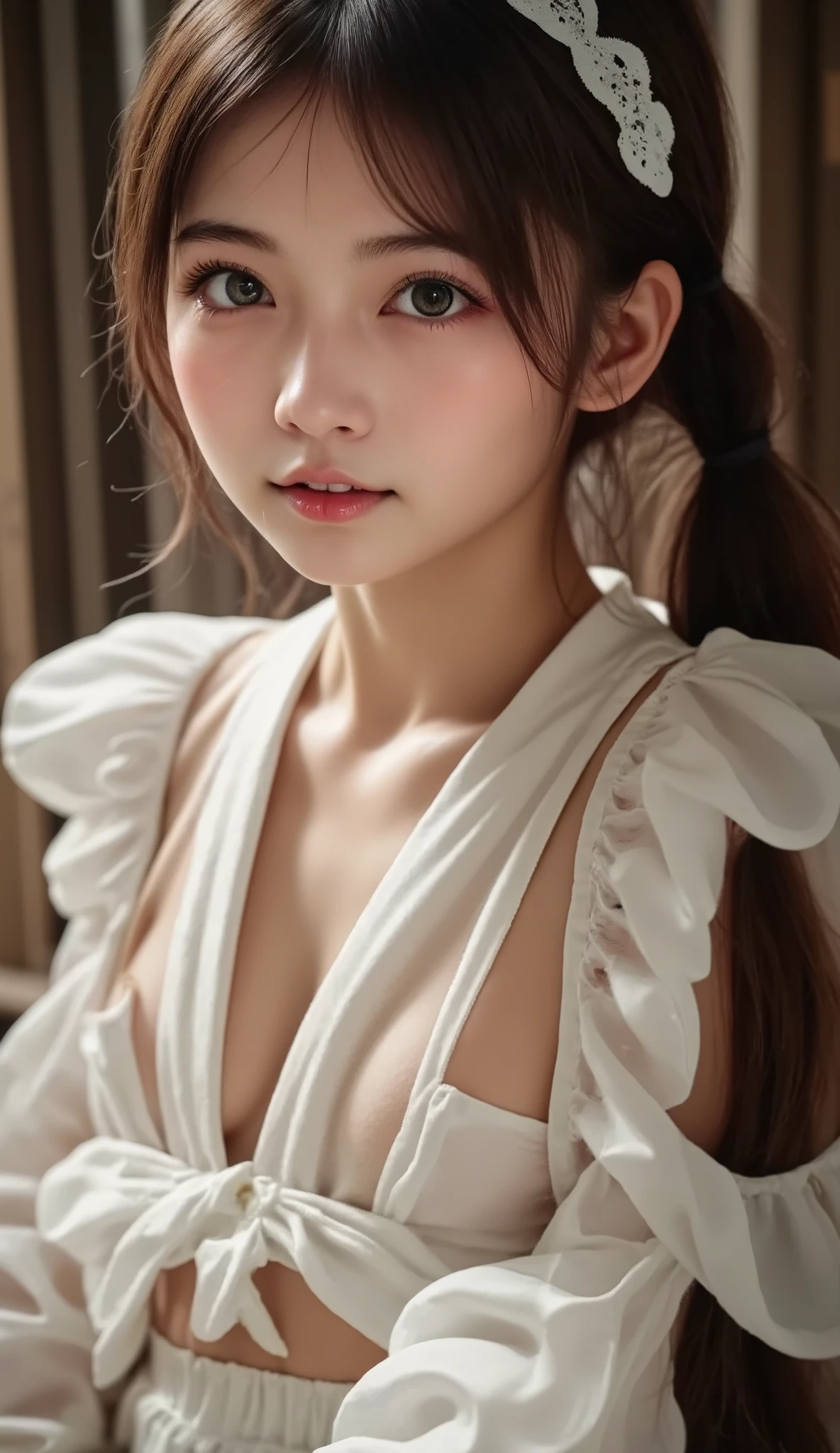 Nikon Z 85mm、((top-quality)) ((masterpiece))、intricate-detail、Sharp focus、proffesional、Photorealsitic、real life、surrealistic、photorealisim、Silhouette Light、finely detail、top-quality、Highly detailed CG Unity 8k wallpapers、erfect artwork、The upper part of the body、shinny hair、radiant eyes、shinny skin、realisitic、The perfect female figure、Constricted waist、Looking at the camera、Ren Hao、enchanting posture、sexy pose、extremely delicate and beautiful、best qualtiy、a beautiful detailed girl、Beautiful fine eyes、Facial Lights、Cinematic lighting、see -through、White pajamas、Transparent material、buttocks expos、realistic representation of face、(intricate detailes、makeups、(Detailed beautiful delicate face、Detailed beautiful delicate eyes、s face)perfectly proportions、Detailed skin、Detailed skin、Best ratio of four fingers and one thumb、arms below breasts、medium large breasts、smooth epigastric、Skinny and thin、lo fashion、独奏、(年轻)、Facial Highlights、The upper part of the body、A detailed face、de pele branca、A dark-haired、poneyTail、Braids、big eye、silk robe、(Hollow pattern、silk)、耳环、Slim body、luxury room、Professional Writing、tear robe、japanes、女の子1人、Thick hair