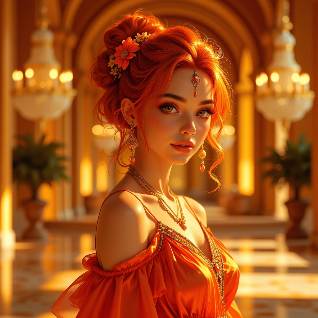 full body shot. A beautiful Arabian girl with vibrant orange hair styled in a beautiful single messy bun hair, adorned with a beautifully Orange and gold flowers hair ornament on her hair, small orange gem forehead jewelry, orange beautiful mini gown. Soft, golden lighting dancing across her face, with warm, orange flames reflecting in her bright, shining orange eyes. in a grand, opulent ancient orange grand ballroom with walls and floors made of polished gold and orange color.