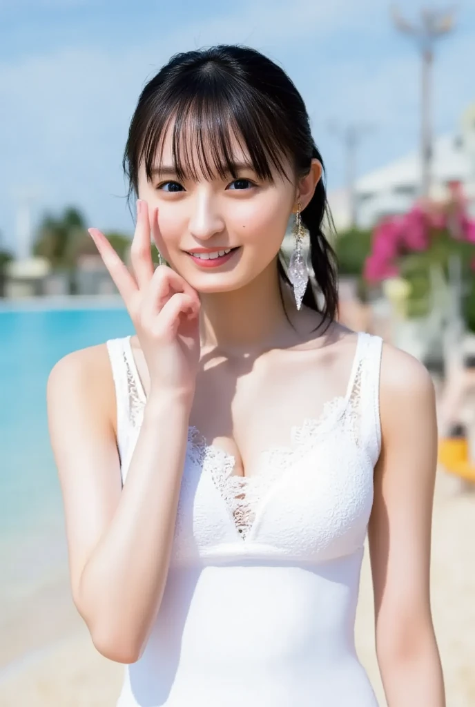 A cute Japanese woman who looks a little mature, smile, inorganic snow white walls, natural skin, cute, expressionless, long straight hair, well-shaped bangs, young girl, young face, short height, white swimsuit, small breasts, Natural skin texture, upright posture, from the knees up
