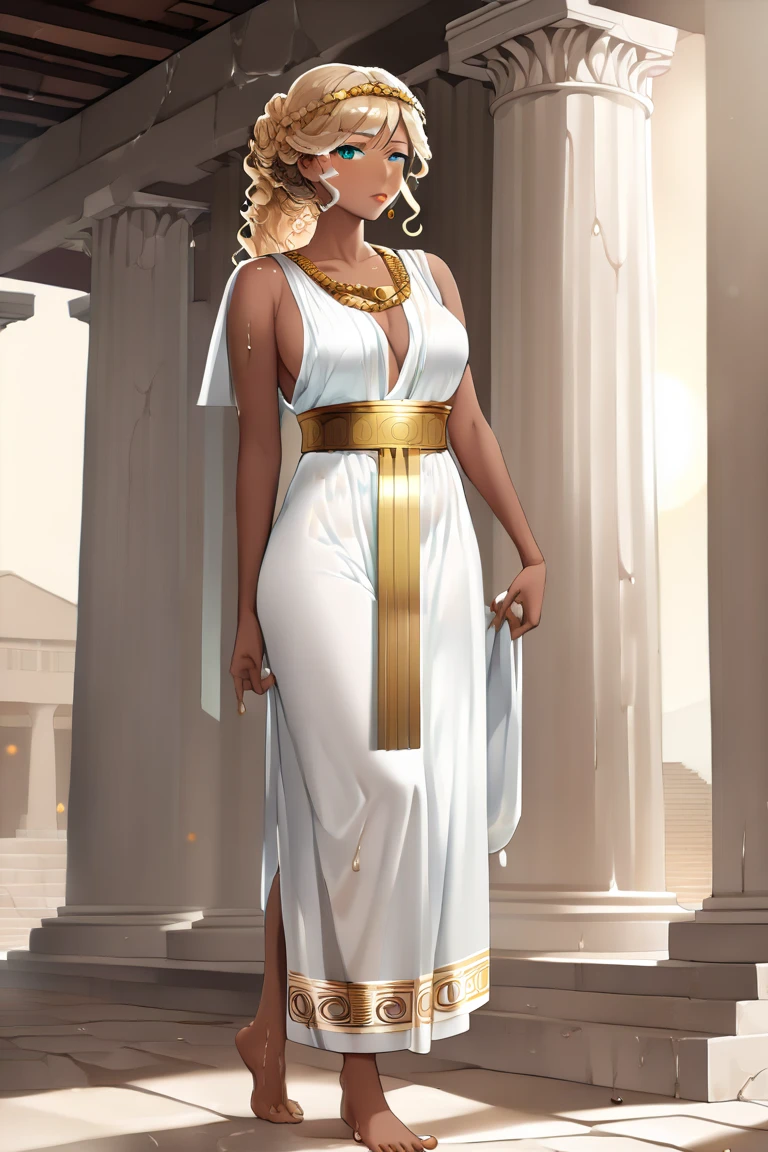 Best quality, best definition, best art, artwork, beautiful, painting, white hair, long white hair, perfect hair, long hair, perfect skin, black skin, brown skin, black skin, dress, long white dress, white dress, greek goddess dress, full body, whole body.