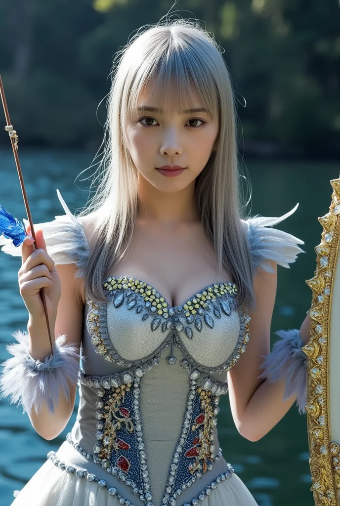 (intense chest expression）,top-quality、​masterpiece、超A high resolution、（Gold Dragon Armor）、(((Colossal tits))),dragon armor、(((large floral ornament on the head))),(((Detailed Micro Bikini))),(Wearing a beautiful crown made of jewels),(Photorealsitic:1.4)、Raw photo、女の子1人、(((Random hair))、(((Take different poses)))、glowy skin、(((White Chinese Dragon)))、Intricate and ornate hair ornaments、（Looks like a gorgeous jewelry necklace）、（Full Body Angle）、（fight big dragonet bikini）、((beautiful lake background)),(beautiful forest background)、Precipitous cliffs、(Castle background)、((super realistic details))、portlate、globalillumination、（sexypose）、Shadow、octan render、8K、ultrasharp、Colossal tits、Raw skin exposed in the cleavage、metals、Details of complex ornaments、Japan details、highly intricate detail、Blue eyes、Eyes shining towards the camera、Toostock、（Full Body Angle）、（veils）、(((Heavy Big))),((she is wearing a beautiful jeweled bangle.)),