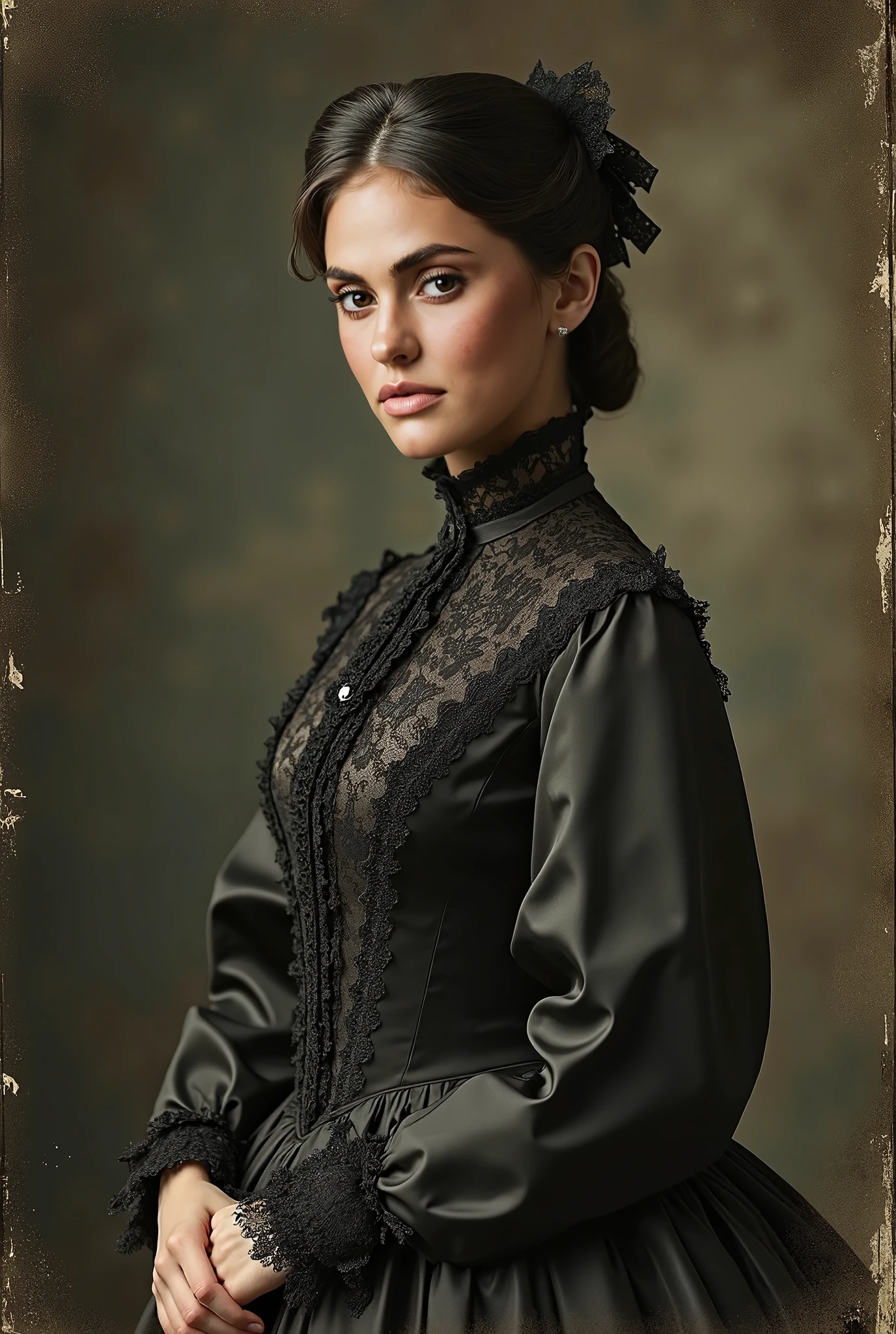 studio portrait of VeronicaCipher, victorian woman, wearing high collar victorian gown, lace, satin, jaquard, 1800s, analog, grainy, dust, scratches, blurry, Daguerreotype, Gelatin silver, Collodion_Photo, sepia (photorealistic:1.6)