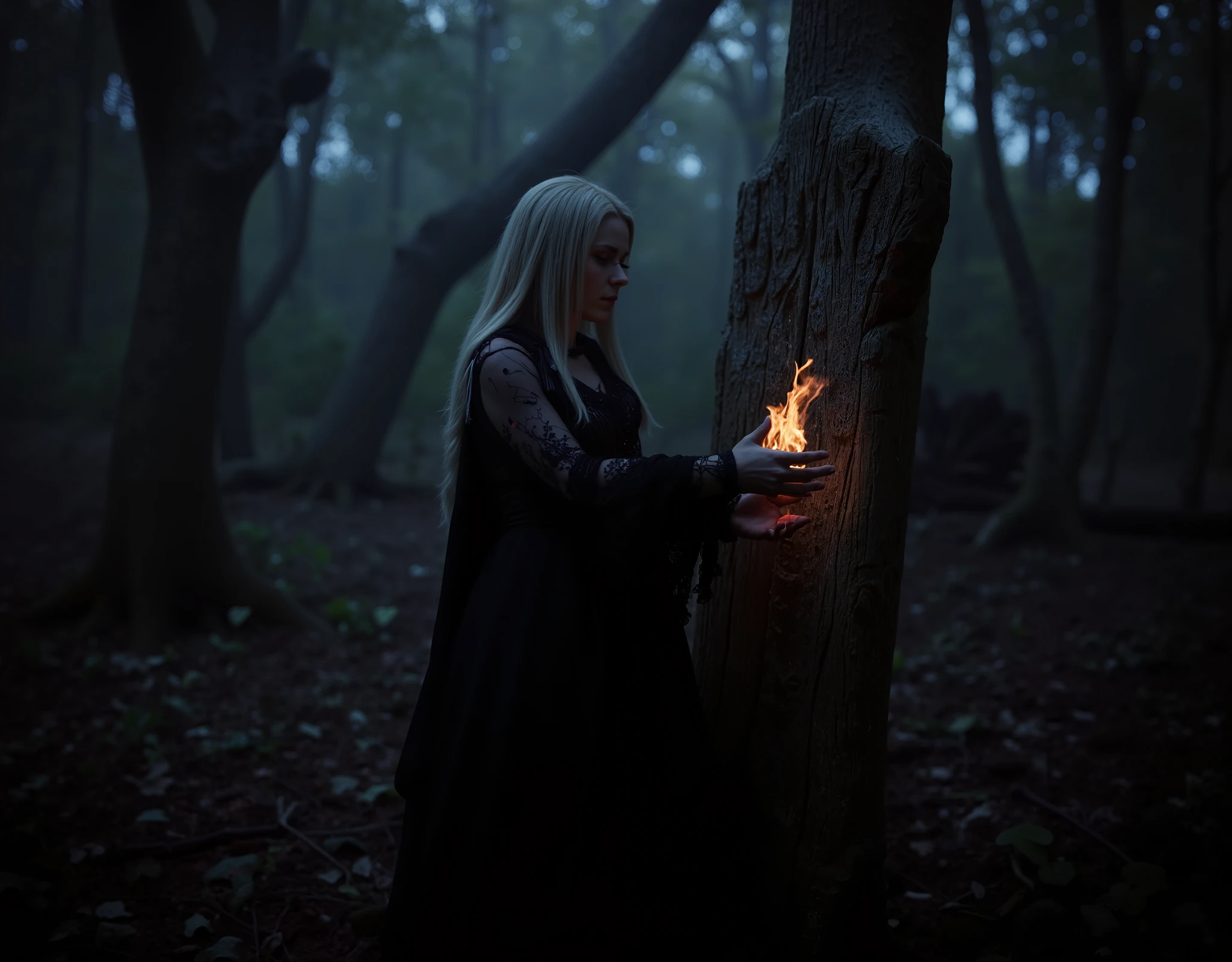 Ultra-realistic cinematic portrait, 8K, Unreal Engine 5 photorealism — A pale-skinned woman with heterochromatic eyes (amber and steel-blue) stands in a shadow-drenched, primordial forest at twilight, performing a cryptic ritual. She holds a torch whose flame warps unnaturally toward an ancient oak totem carved with glowing Norse runes. Wearing a corseted Victorian mourning dress (matte black taffeta, moth-wing lace cuffs) layered under a sheer charcoal chiffon tunic printed with faint constellations, her Rapunzel-length braid, woven with black velvet ribbons, cascades over one shoulder. The scene is lit solely by fire: the torch casts dramatic chiaroscuro across her face and the totem, while a hidden campfire bathes gnarled, scarred trees in deep Prussian blue shadows and flickers of crimson. Ground-level mist swirls with blue-tinged smoke, floating embers, and crushed leaves underfoot. Shot on an 85mm f/1.2 lens with 2.35:1 aspect ratio, featuring hyper-detailed textures (lace threads, dewy sweat, mossy bark), ray-traced reflections in her eyes, shallow depth-of-field, Ektachrome film grain, and subtle chromatic aberration. A haunting fusion of Dark Souls × Annie Leibovitz × Pan’s Labyrinth, capturing a frozen moment between ritual and revelation.