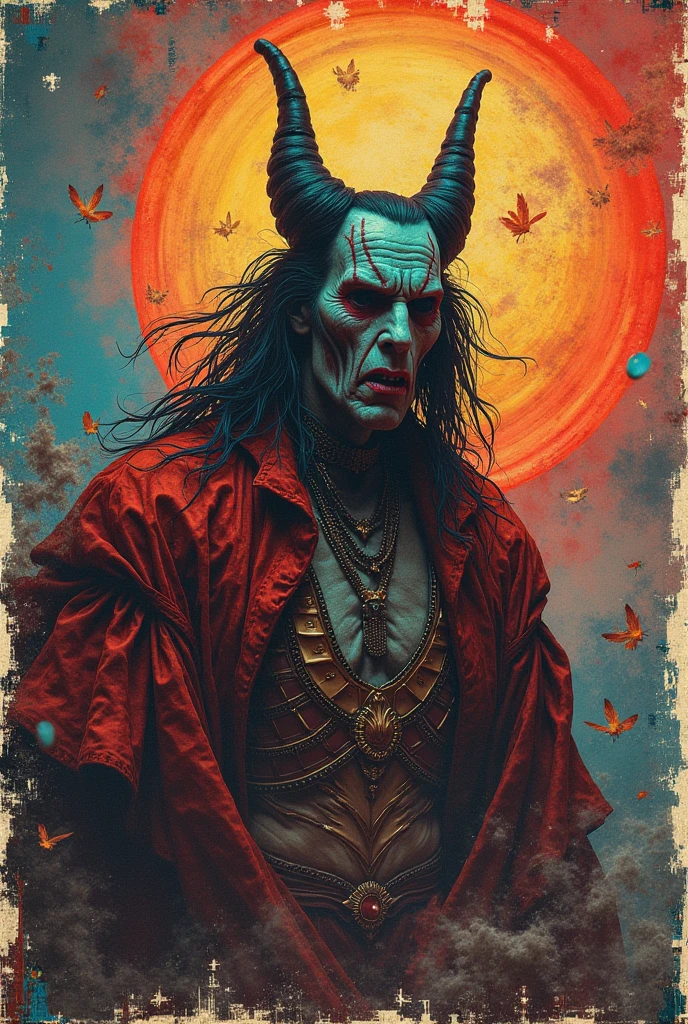 Collage art, magazine clippings, retro style. The King of Terror descends, with vibrant colors and a variety of textures and patterns. Hyper reality 8K ultra-high resolution makes the realistic depiction stand out. The expression of the King of Terror and the atmosphere around him are drawn in detail, emphasizing the visual impact. The background is filled with dreamy and fantastical elements, drawing the viewer in with its powerful impact.
