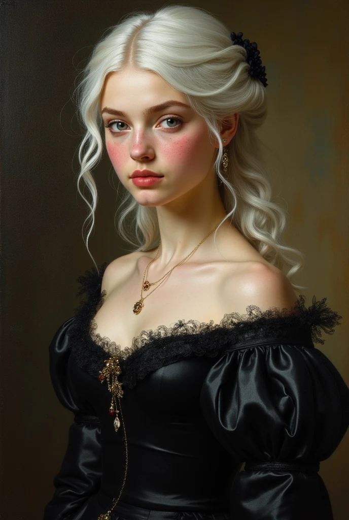 Baroque painting .
a young woman with white hair with dark green eyes and creamy white skin and lips as pink as a strawberry and with freckles, wearing a black silk dress highlighting her figure as a royal lady.