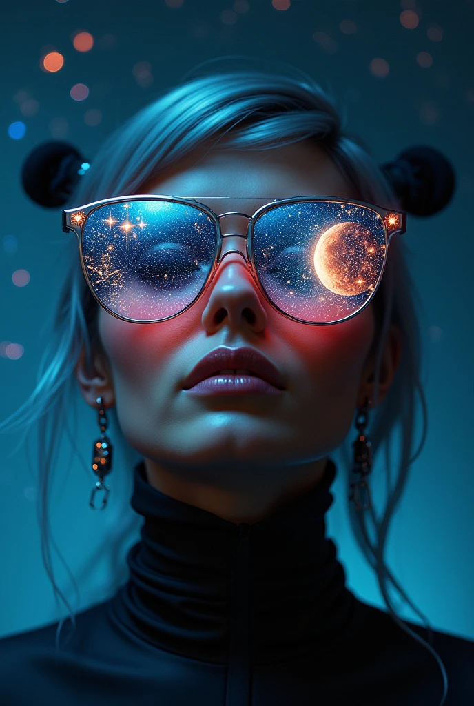 The model wears glass sunglasses with stars and the moon in the glass