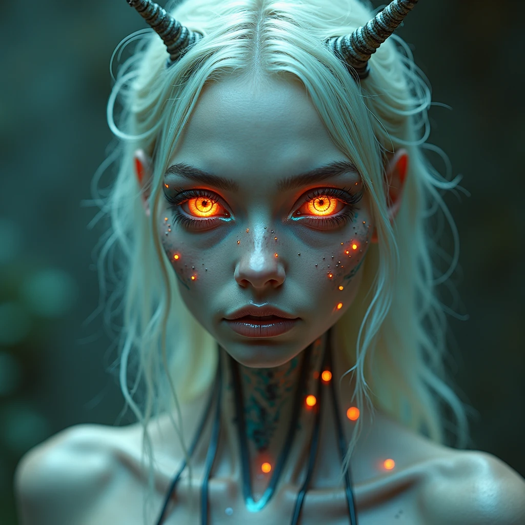 (professional photography, nikon 108mm, full length portrait, on-all-fours) (29yo skinny anorexic cyborg WOMAN, slender skinny anorexic cyborg woman with enormous heterochromia eyes drenched in dripping gelatinous clear epoxy mix ), ((top quality, 8k, masterpiece: 1.3)), crisp focus: 1.2, ((beautiful skinny anorexic demon woman: 2.2)), (skinny abdomen: 1.4), (oversized orange and teal glowy eyes, heterochromia), (small slim waist: 1.9), (thigh gap: 1.7), (small hip: 1.4), GOTH makeup, Long WHITE hair、Small Nose、Skinny body, highly detailed face and skin texture. (She is an hybrid between a fox with rabies and a cyborg-woman, sexy female proportions but slender.) DARK LIPSTICK, PALE FOUNDATION, (full length portrait, head to toes.)