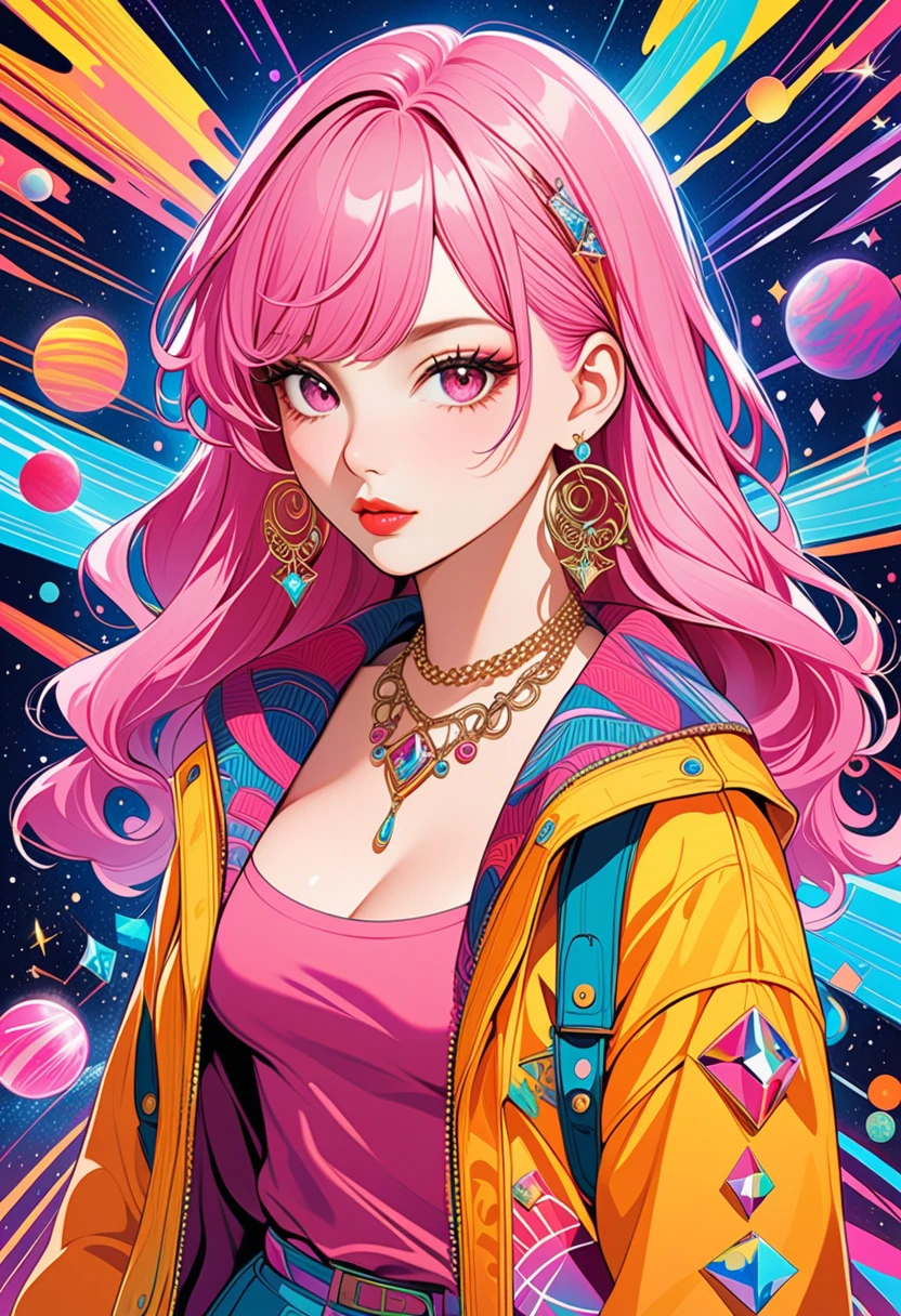 Retro Magazine Cover,Collage Art,1 Sister, alone,  long hair, watching the audience, Jewelry, jacket, pink hair, Earrings and ?????? Rings, pink eyes,  necklace, sweater, eyelash, make up, curls, punching, Lipstick, Danteidong, Eyeshadow, red pink lips, Colourful Eyes, 粉色Eyeshadow,[bright colors], [Psychedelic patterns ], [Sparkling Textures], [Abstract shapes], [unique design], [Charming light], [Creative composition],[fantastic atmosphere], [Artistic expression ], [Fantasy Surrealism], [Futuristic Aesthetics], [ Magical charm ], [ 迷幻氛围], [Otherworldly Beauty], [ Unbelievable Illusion ], [Electricity], [Mysterious nature], [Imagination ], [Striking Details], [ dynamic contrast], [Psychedelic Color Palette], [Attractive Vision], [Unconventional Design], [Mind Expansion], [Unforgettable Shock].(best quality,4K, 8,000,high resolution, masterpiece:1.2)